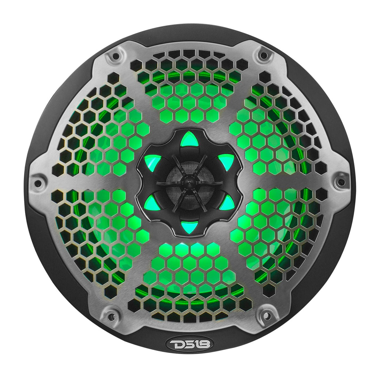 Front view of a black DS18 speaker with a silver honeycomb grille and green lighting