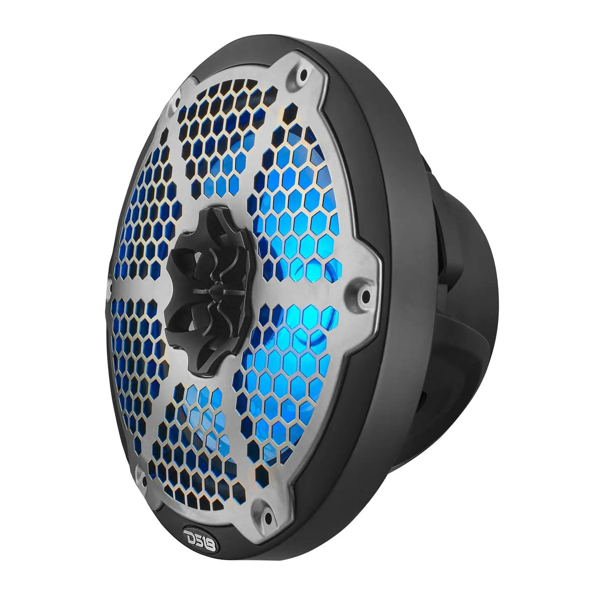 Angled view of a black DS18 speaker with silver honeycomb grille and blue illumination