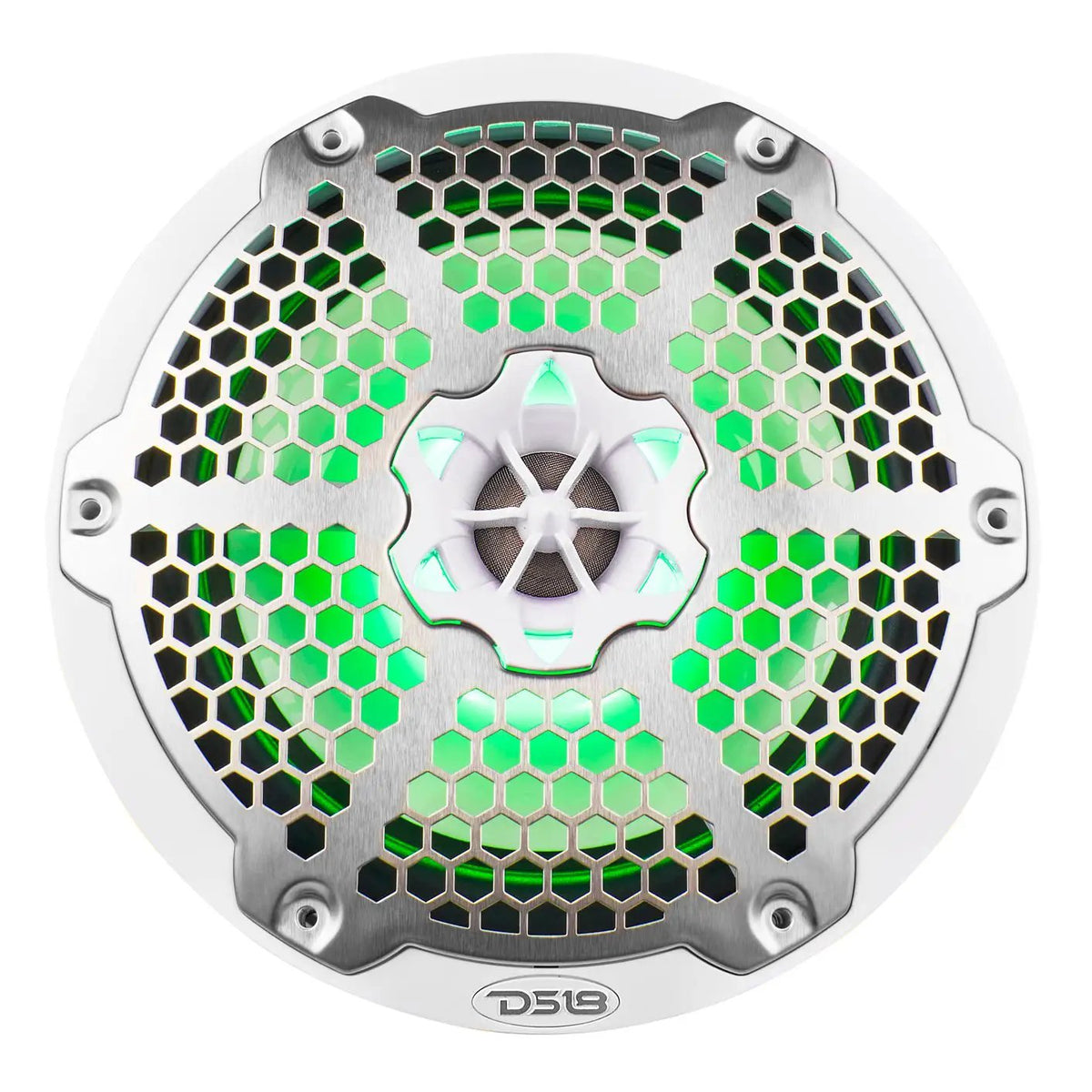 White DS18 speaker with a silver honeycomb grille and green illumination, front view