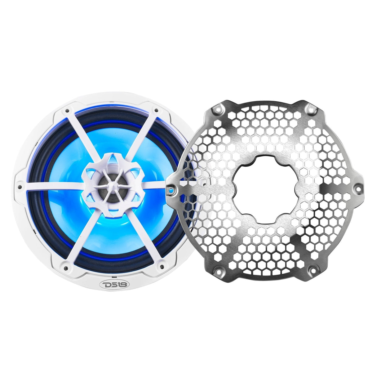 White DS18 speaker with blue lighting shown beside its detached silver honeycomb grille.