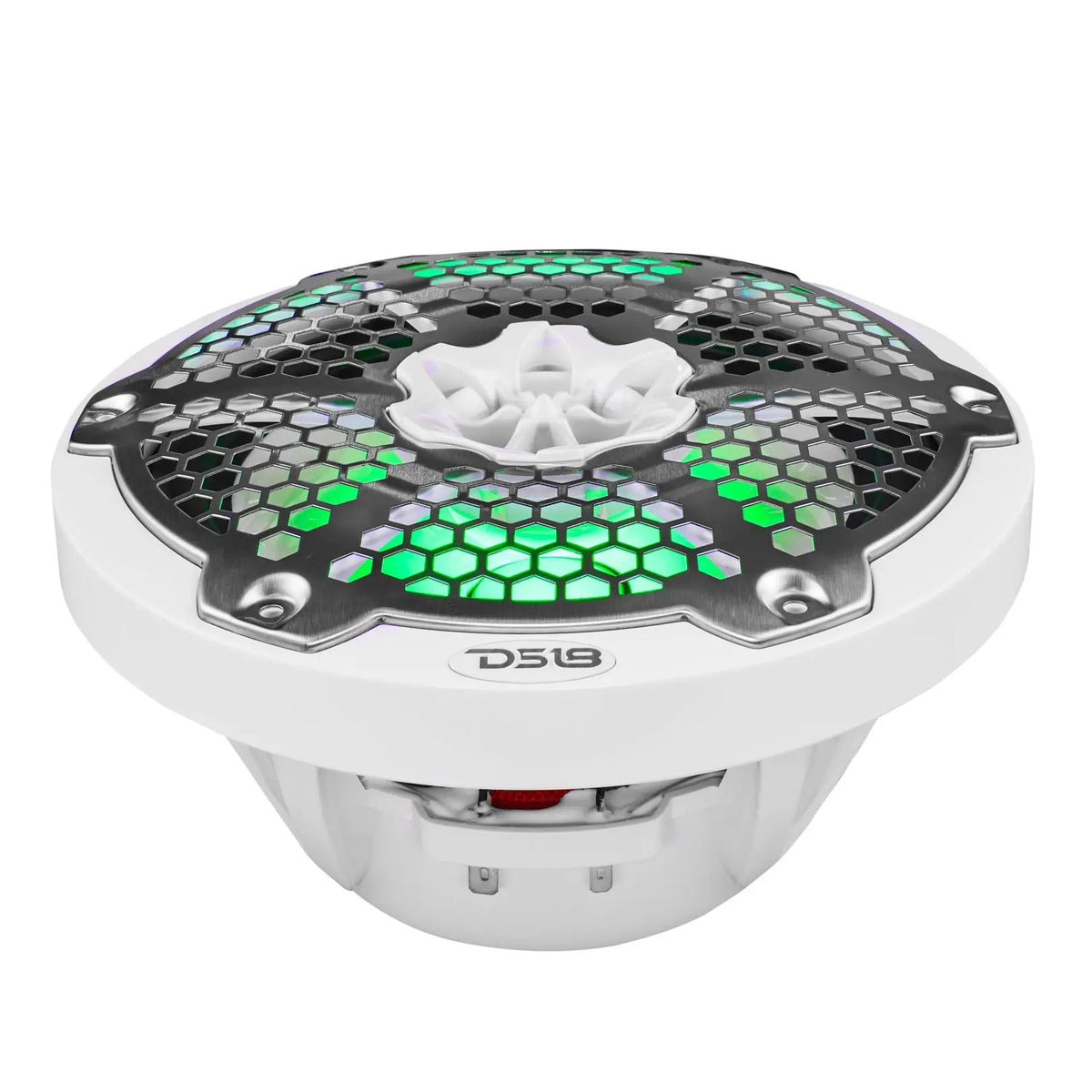 Low angled view of a white DS18 speaker showing green lighting behind its silver honeycomb grille and the basket below.