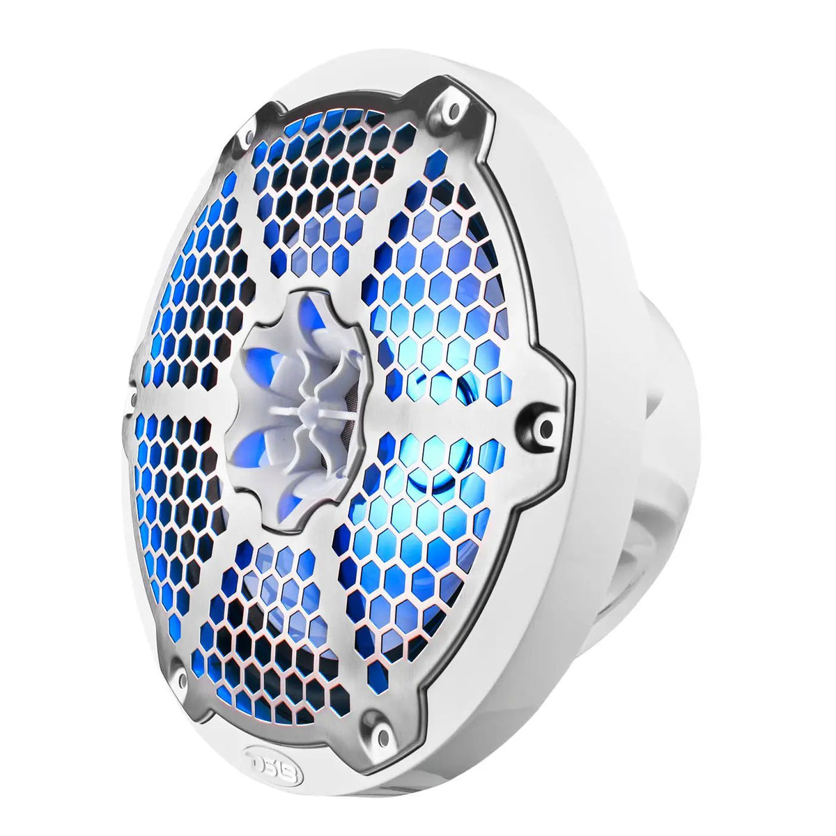 Angled view of a white DS18 speaker with a silver honeycomb grille, central tweeter and blue lighting.