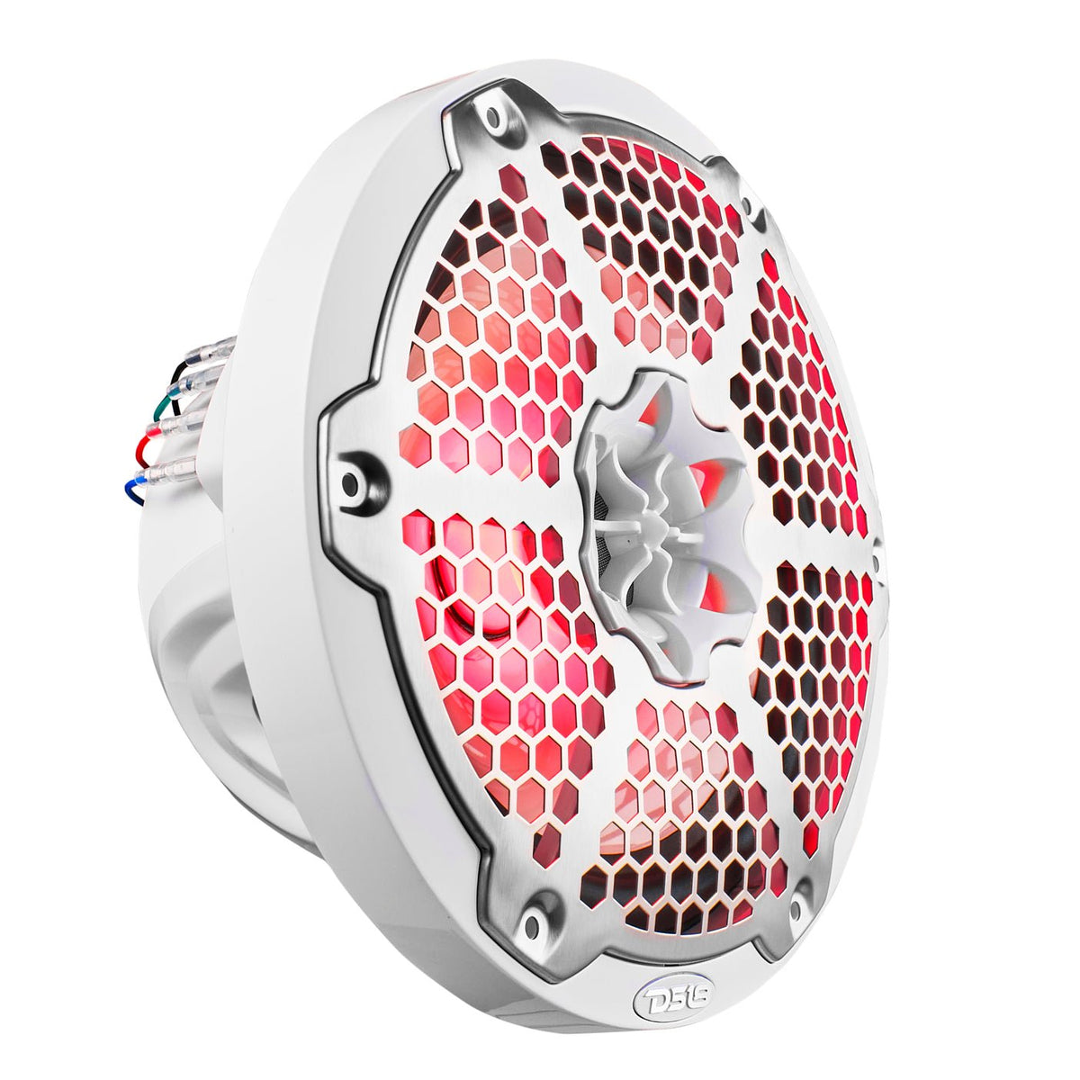 Angled view of a white DS18 speaker with a silver honeycomb grille, central tweeter and red lighting.