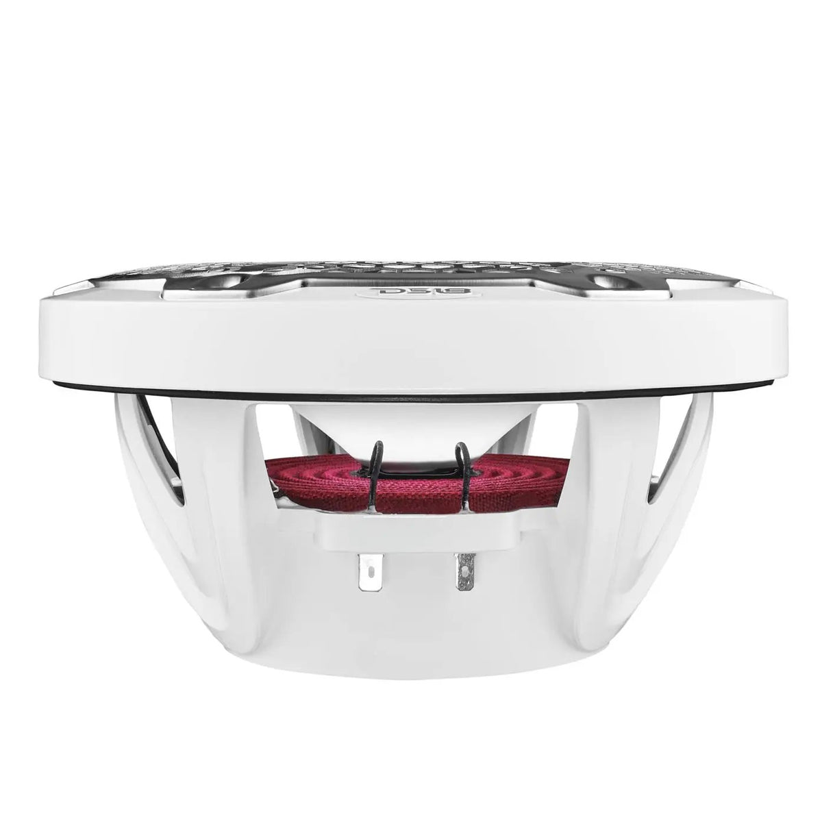Side profile of a white speaker showing its open basket, red suspension and terminals beneath the grille.