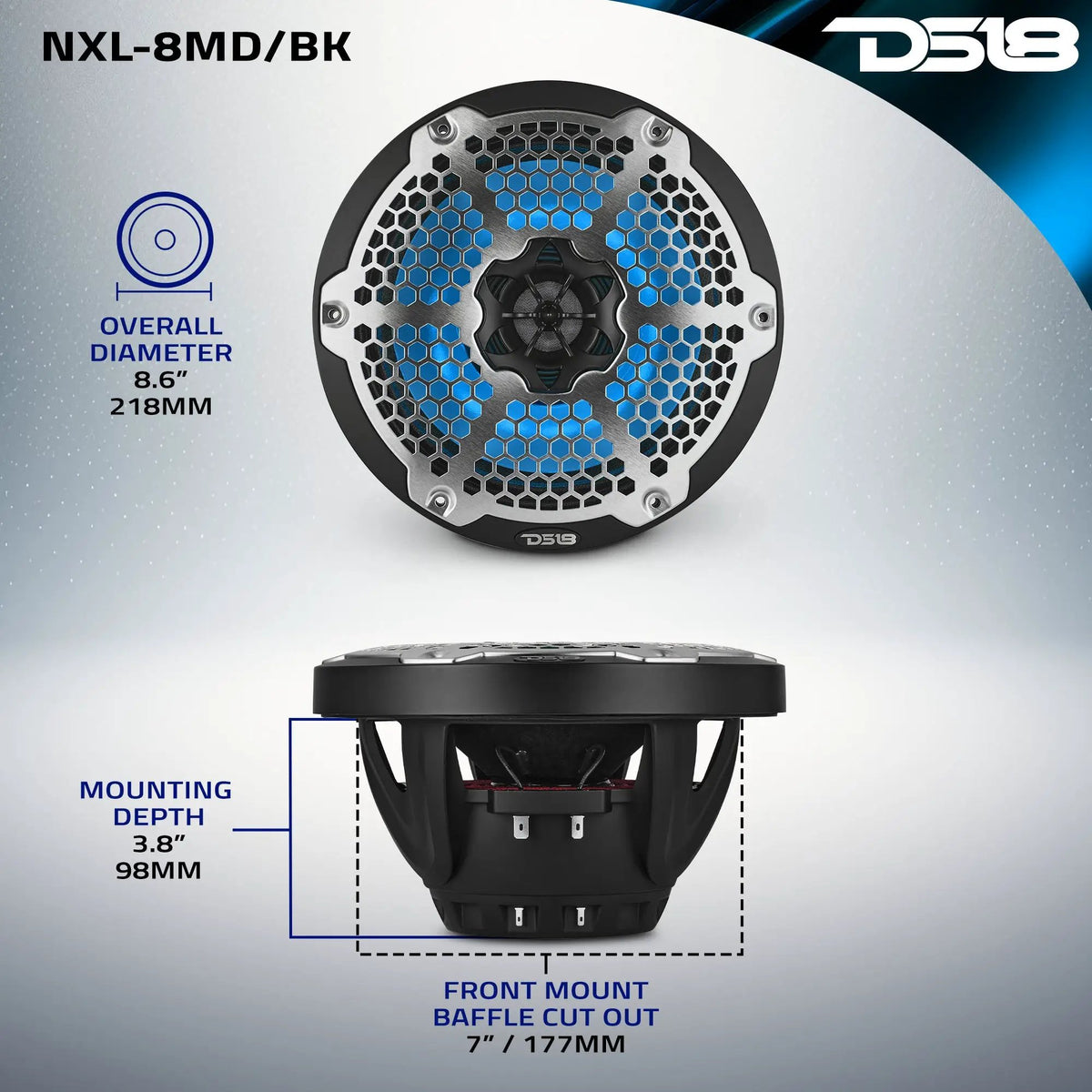 DS18 NXL-8MD/BK mounting diagram showing 218 mm overall diameter, 177 mm cutout and 98 mm mounting depth