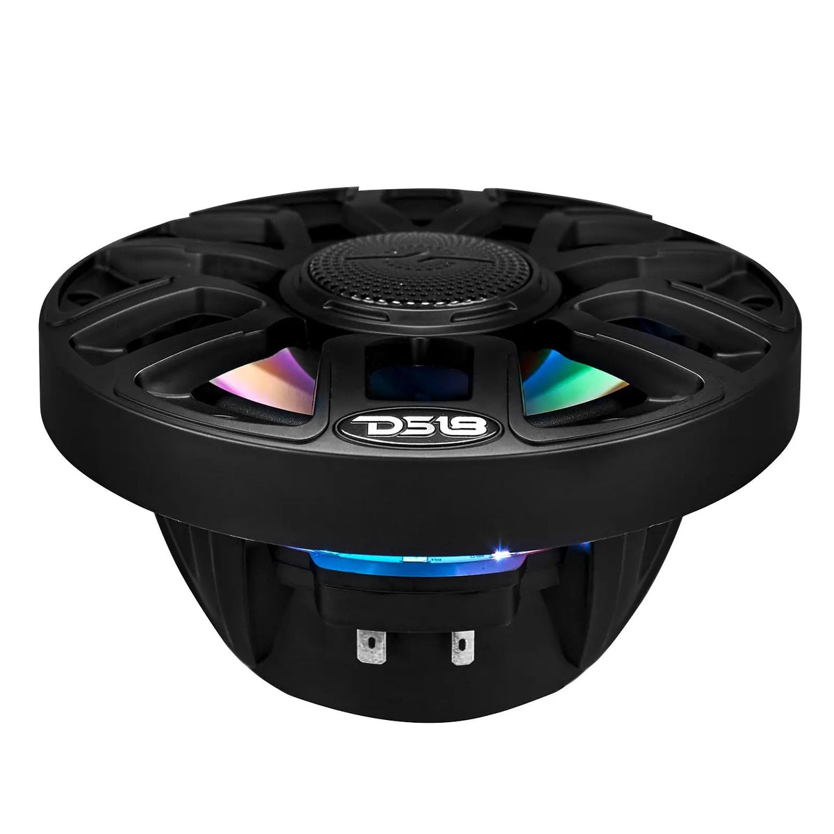 Low-angle view of a black DS18 speaker showing multicolor illumination, basket and terminals