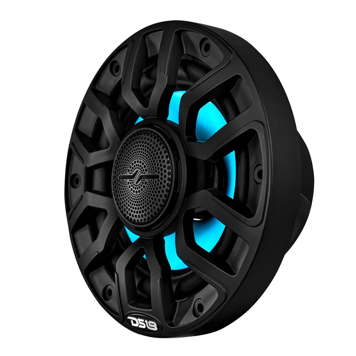 Angled front view of a black DS18 speaker with cyan lighting