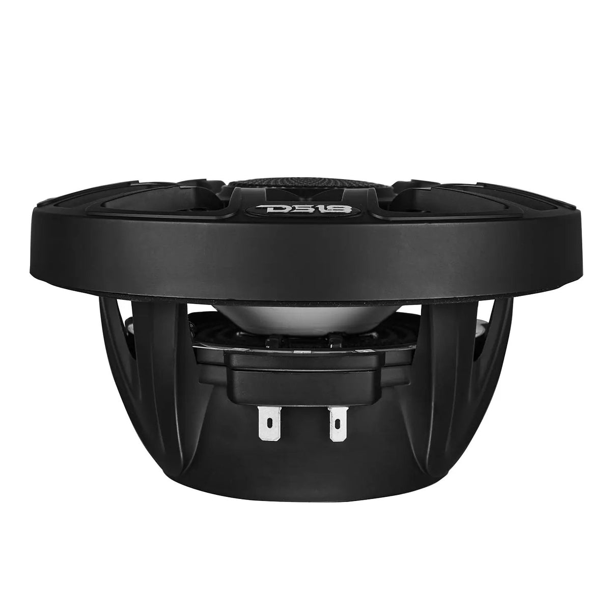 Side view of a black DS18 speaker showing its open basket and two terminals