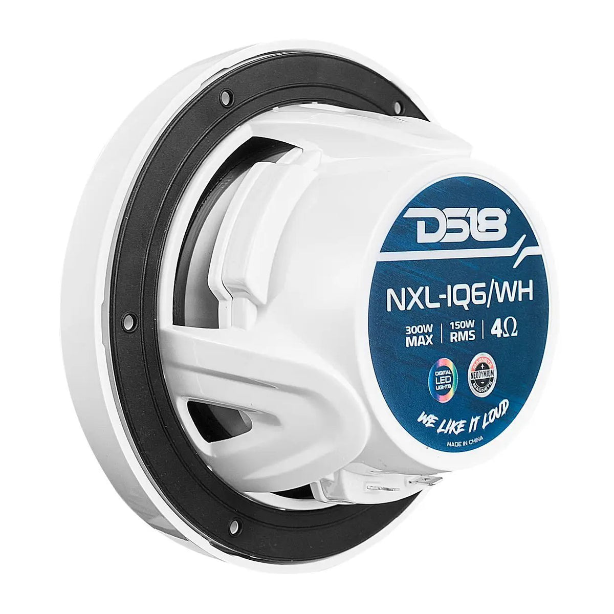 Rear angled view of a white DS18 NXL-IQ6/WH speaker with its 150W RMS, 4-ohm label