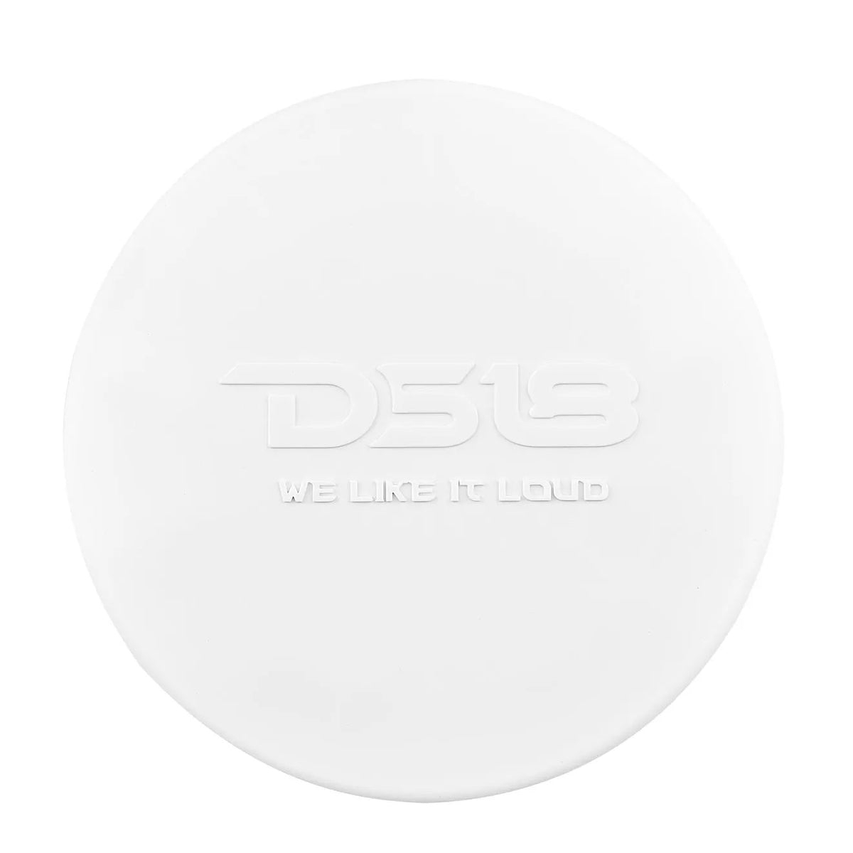 Round white DS18 protective speaker cover with an embossed logo
