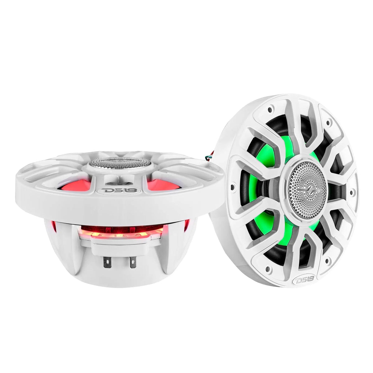 Two white DS18 speakers shown upright and on their sides, illuminated green and red