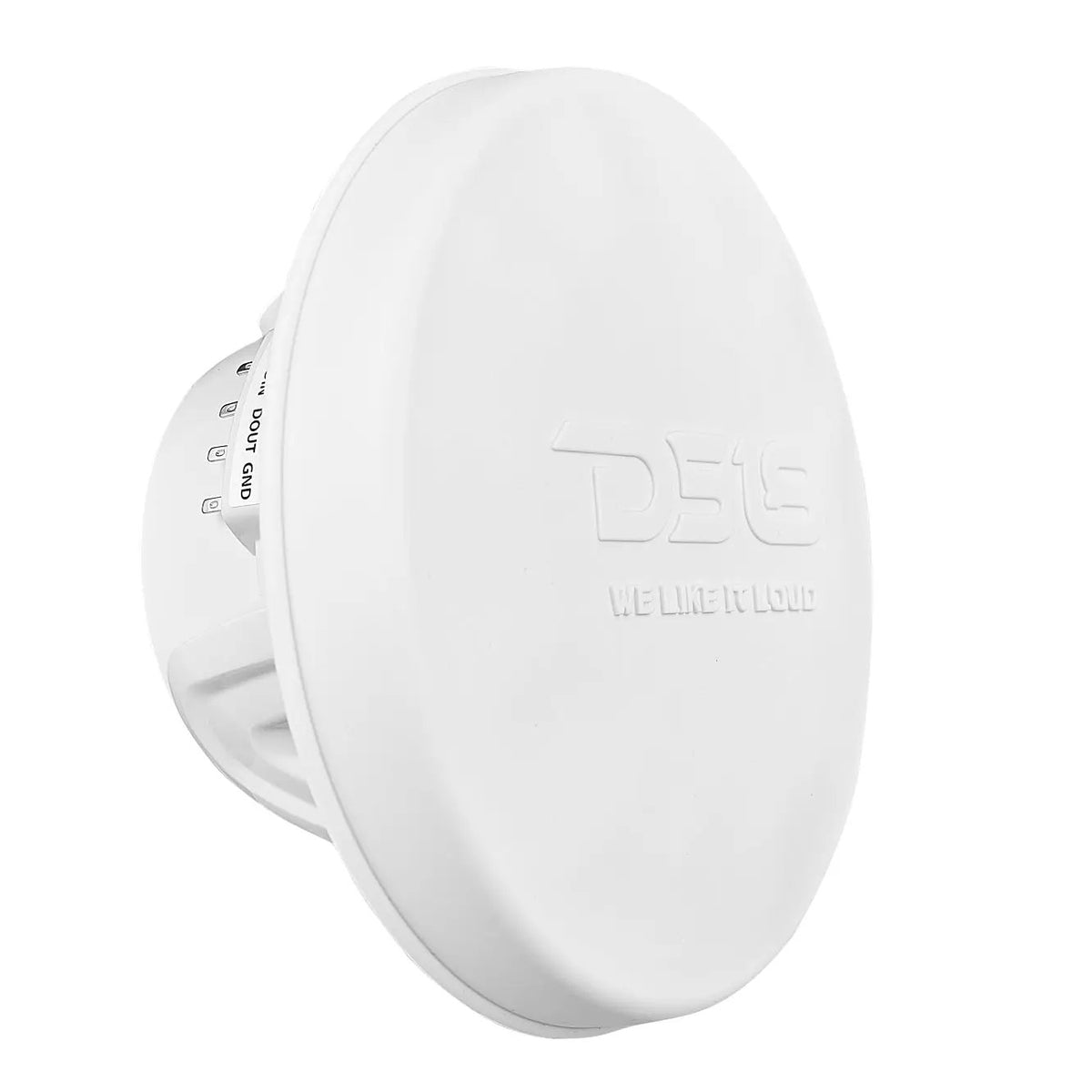 White DS18 speaker with its embossed protective cover fitted