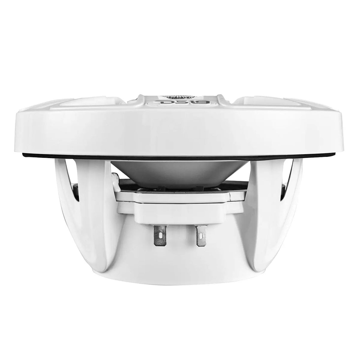 Side view of a white speaker showing the cone, basket and wiring terminals beneath the grille