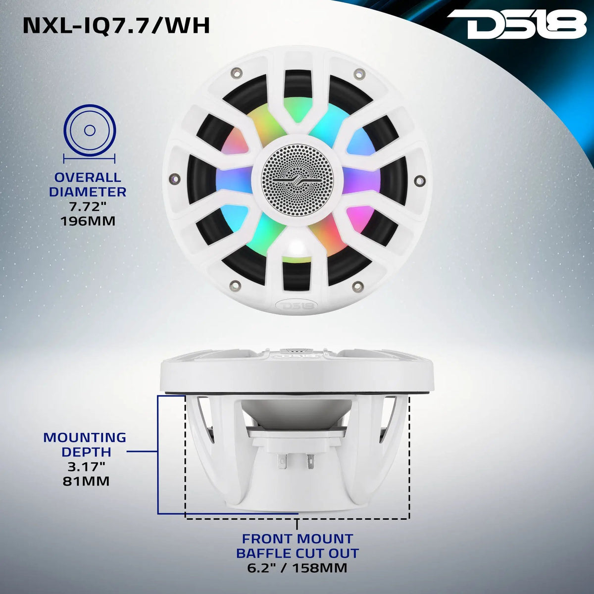 DS18 NXL-IQ7.7/WH mounting diagram: 7.72-inch overall diameter, 6.2-inch cutout and 3.17-inch mounting depth