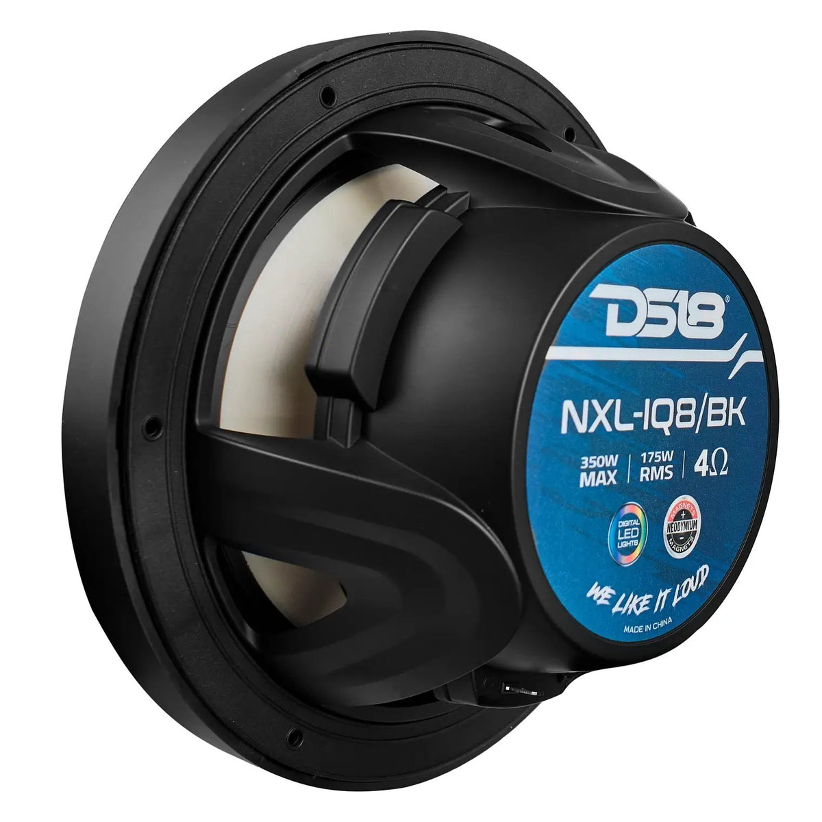 Rear angled view of a black DS18 NXL-IQ8/BK speaker showing its 175W RMS, 4-ohm label