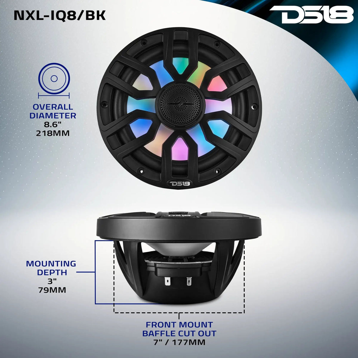 DS18 NXL-IQ8/BK dimension graphic: 218 mm overall diameter, 79 mm mounting depth and 177 mm cutout