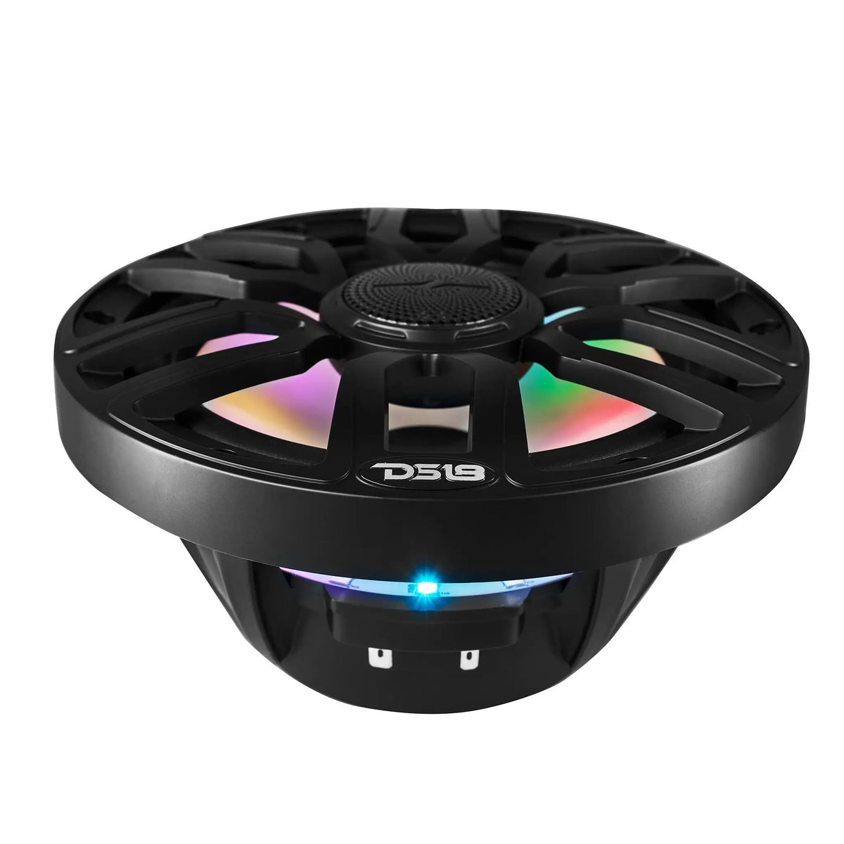 Low-angle view of a black DS18 marine speaker showing multicolor lighting, basket and terminals