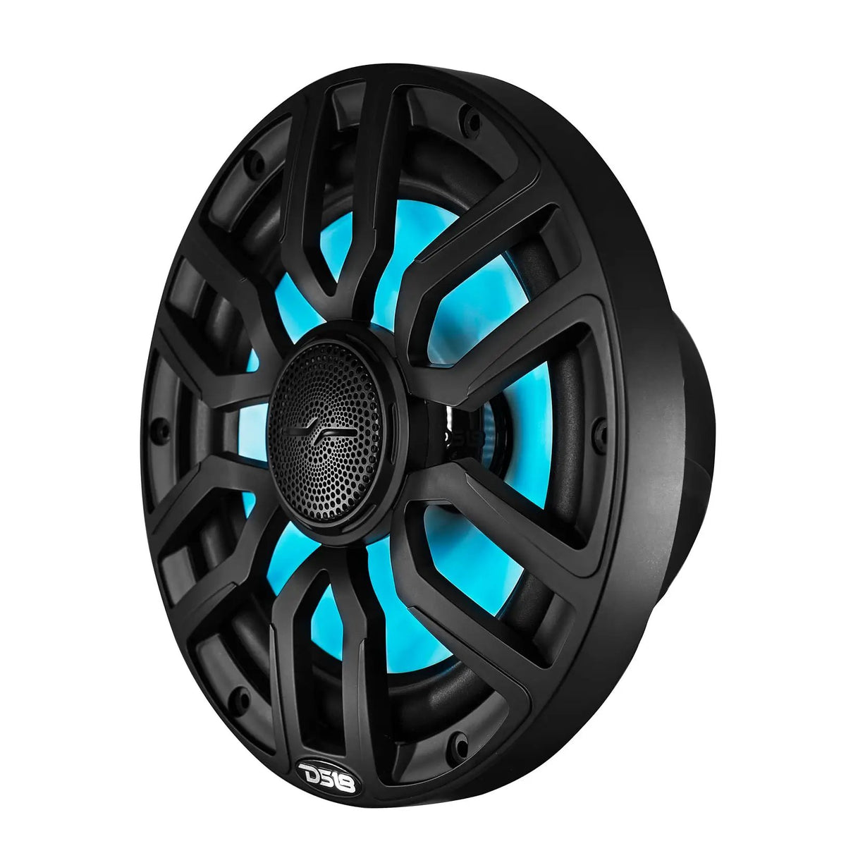 Black DS18 speaker with blue illumination, angled front view