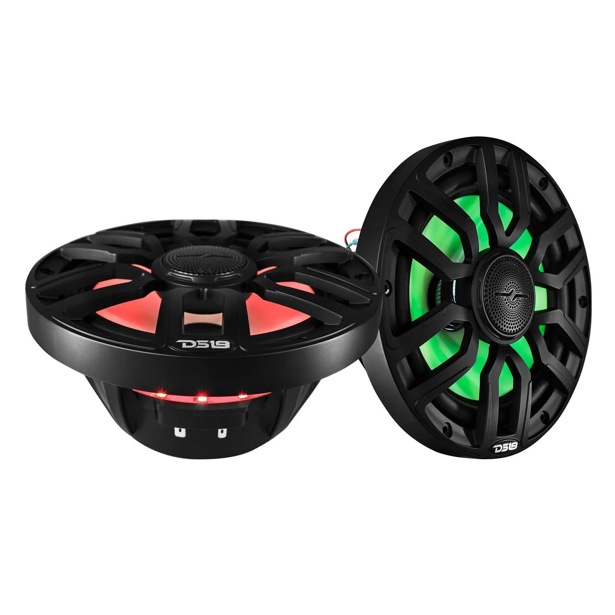 Two black DS18 speakers shown upright and at a low angle with green and red lighting