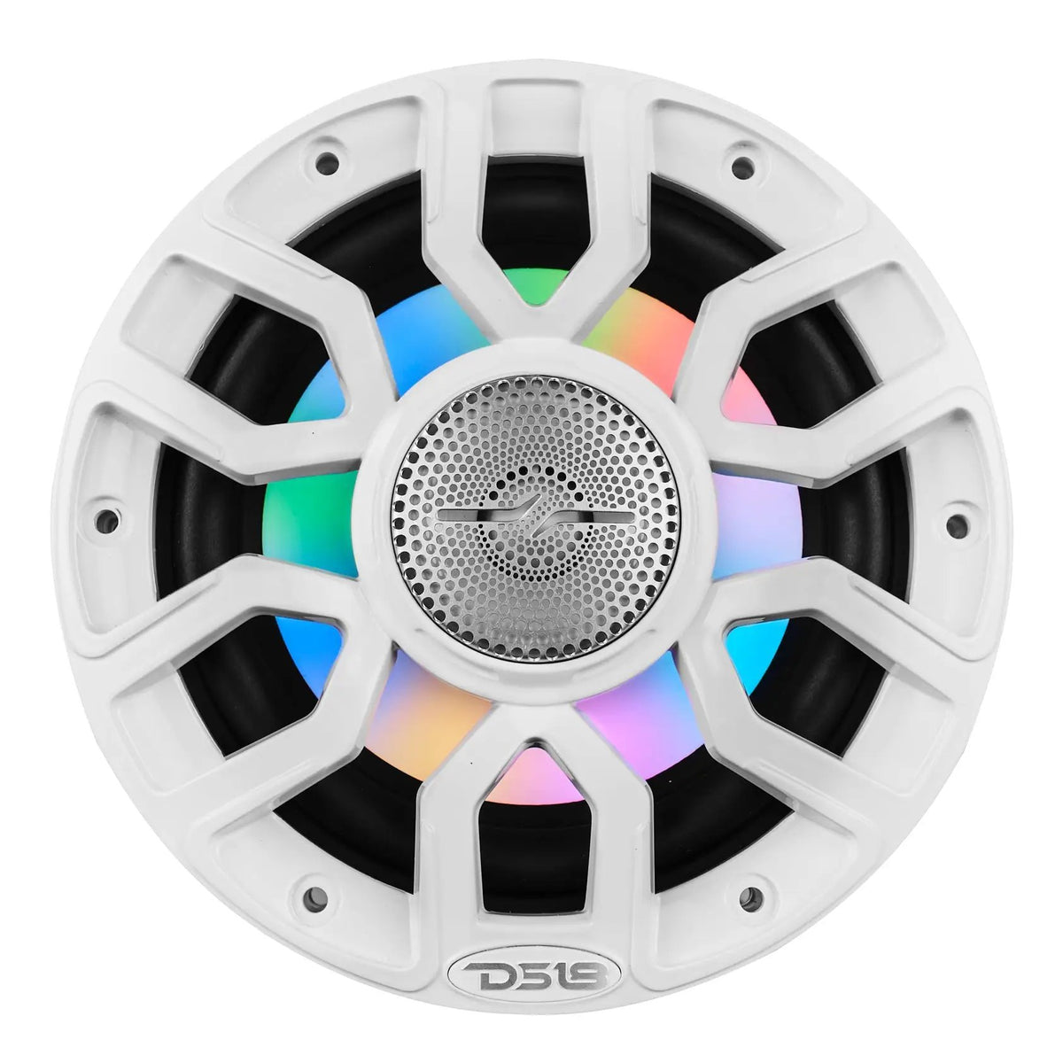 Front view of a white DS18 speaker with multicolor lighting behind the grille