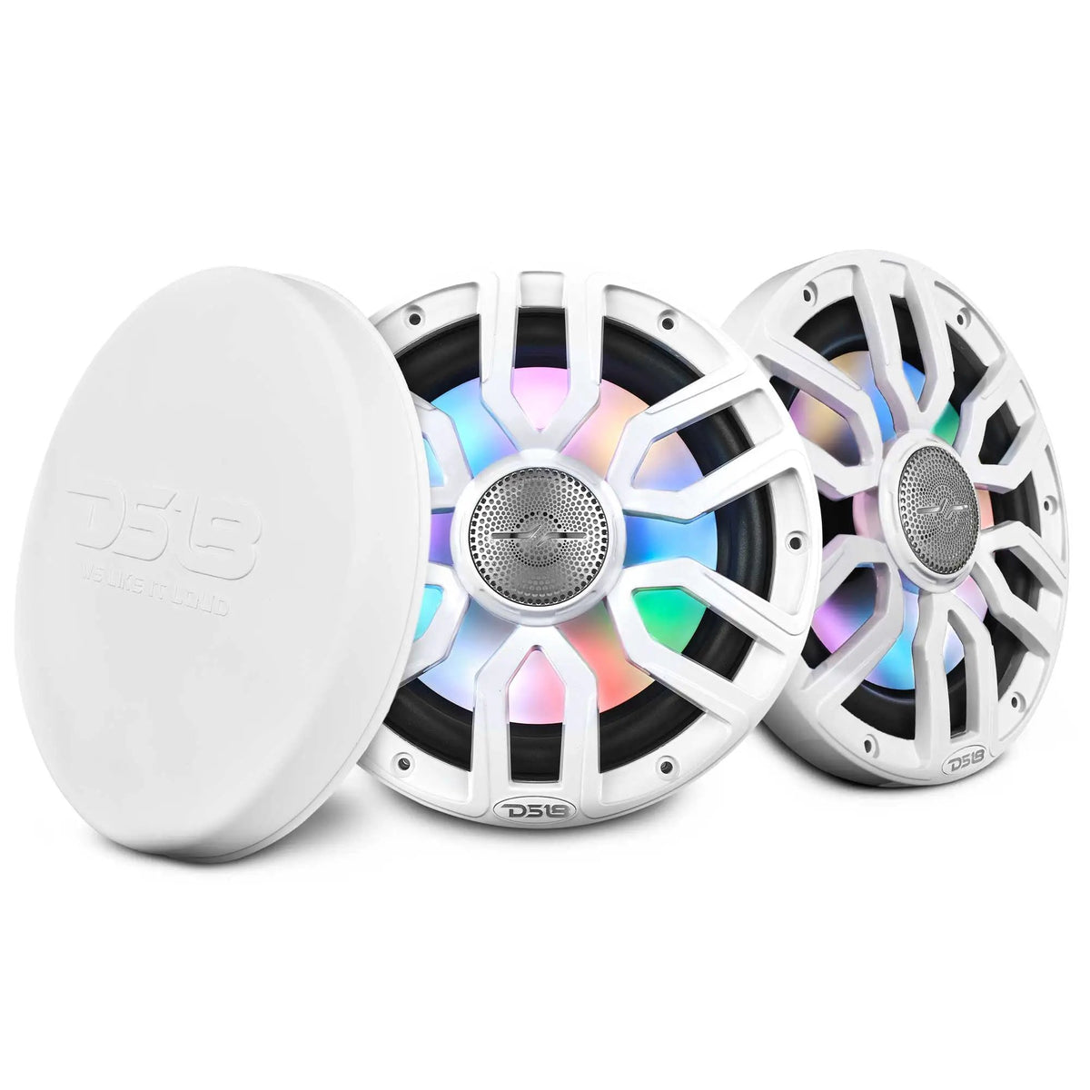 Two white DS18 speakers with multicolored illuminated grilles and a white protective cover