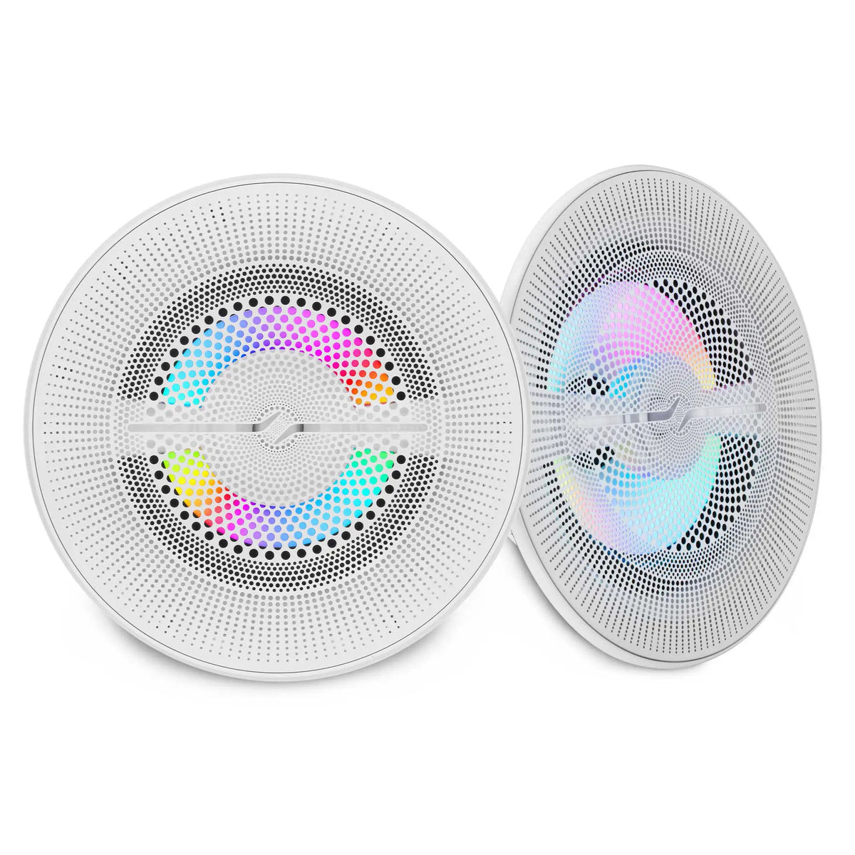 Two white DS18 speakers with perforated grilles and multicolored light rings, shown from the front and at an angle