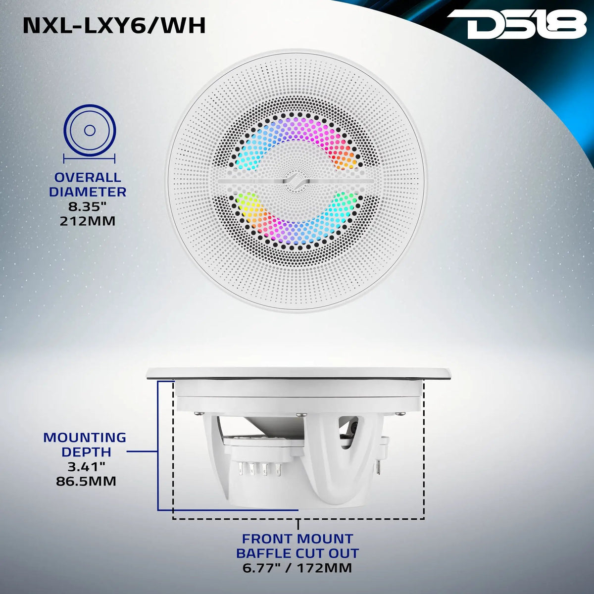 DS18 NXL-LXY6/WH dimension graphic showing 212 mm overall diameter, 172 mm baffle cutout and 86.5 mm mounting depth
