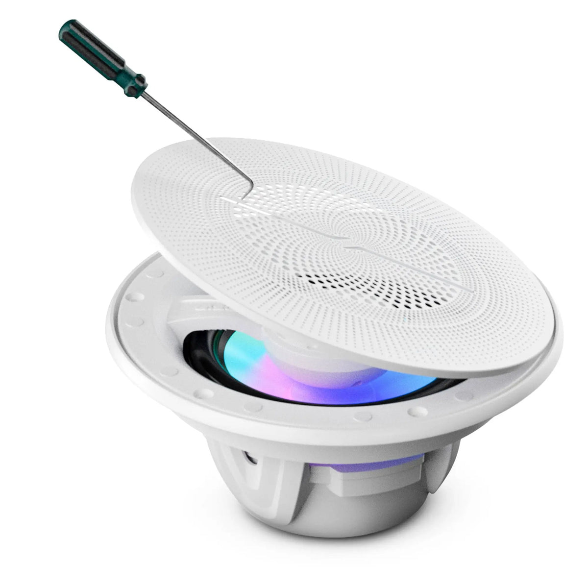 A bent-tip tool lifting the perforated white grille from an illuminated speaker