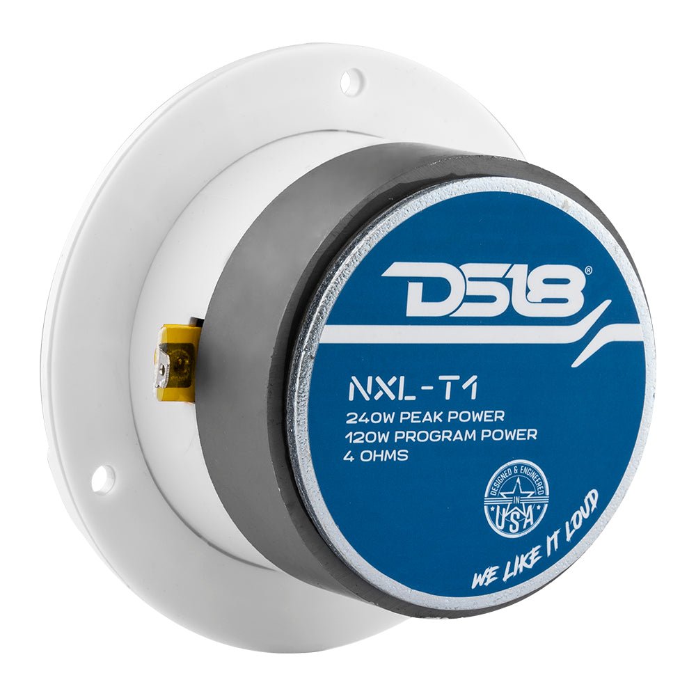 White DS18 NXL-T1 tweeter, rear view of the label and terminals