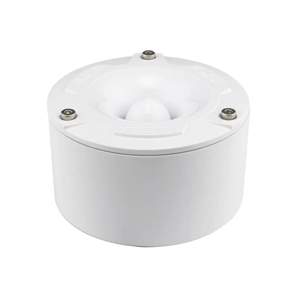 Low front view of a white DS18 tweeter in its cylindrical housing