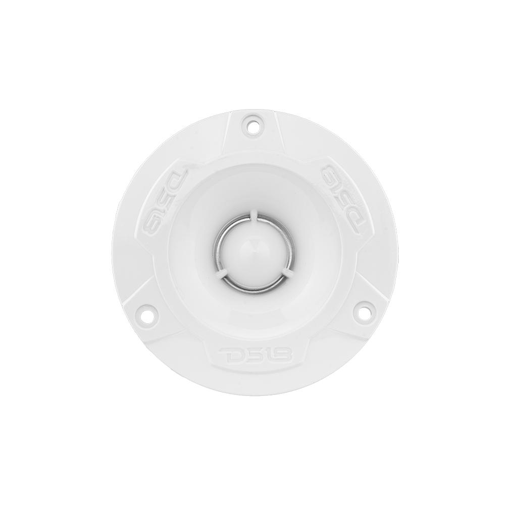 Front view of a white DS18 tweeter with a central dome and three mounting holes