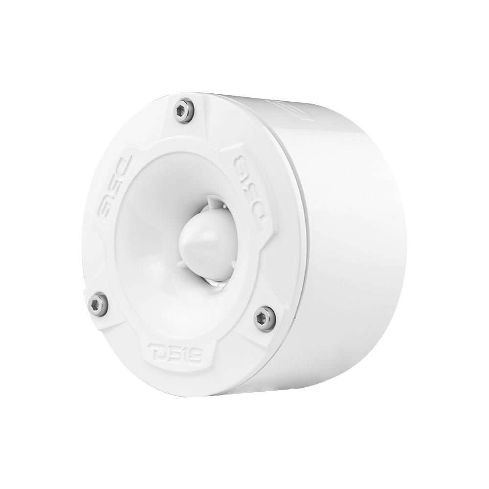 Opposite angled view of a white DS18 tweeter in a cylindrical housing with three front screws