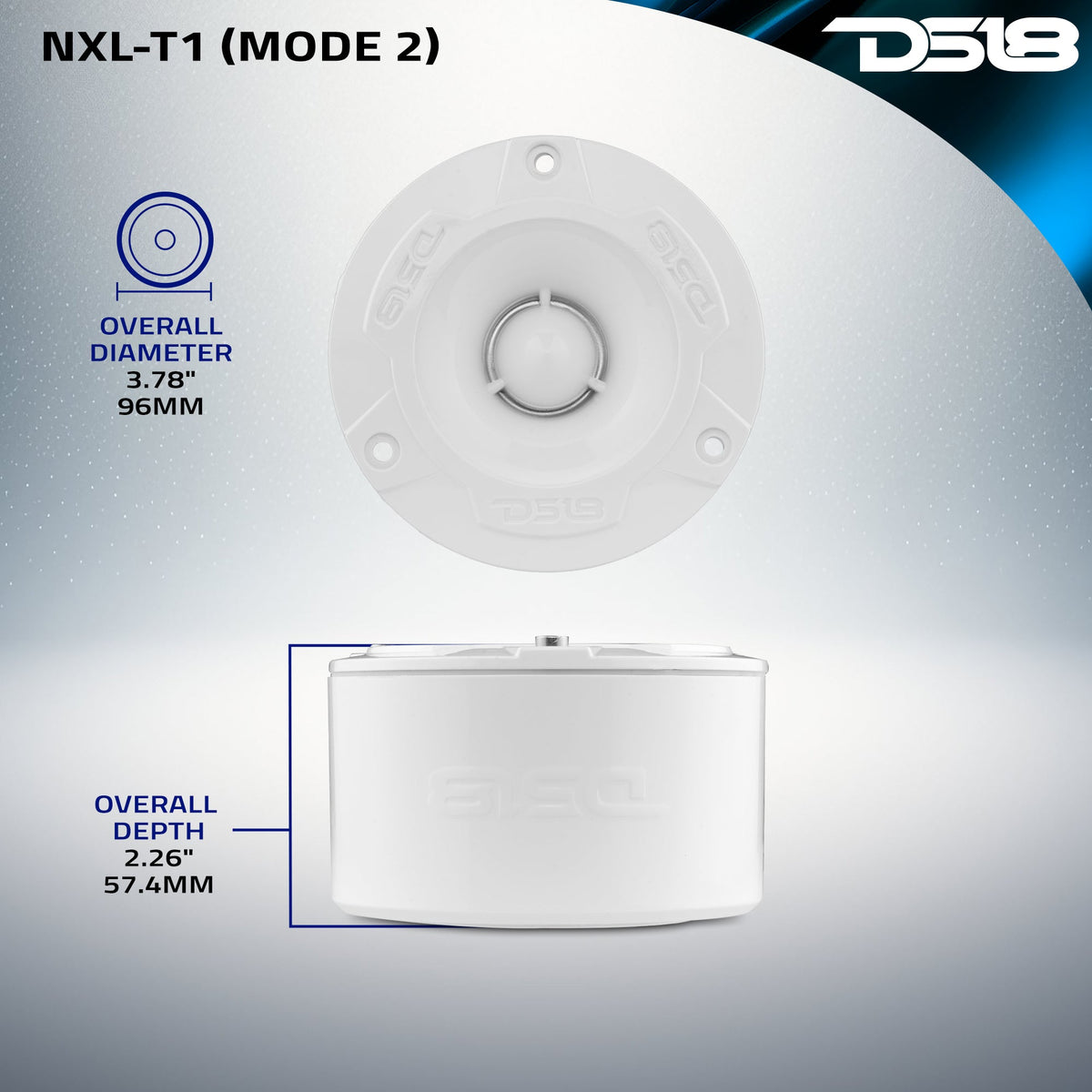 DS18 NXL-T1 Mode 2 dimension graphic: 96 mm overall diameter and 57.4 mm overall depth
