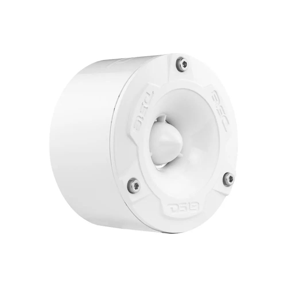 Angled view of a white DS18 tweeter fitted into a cylindrical housing