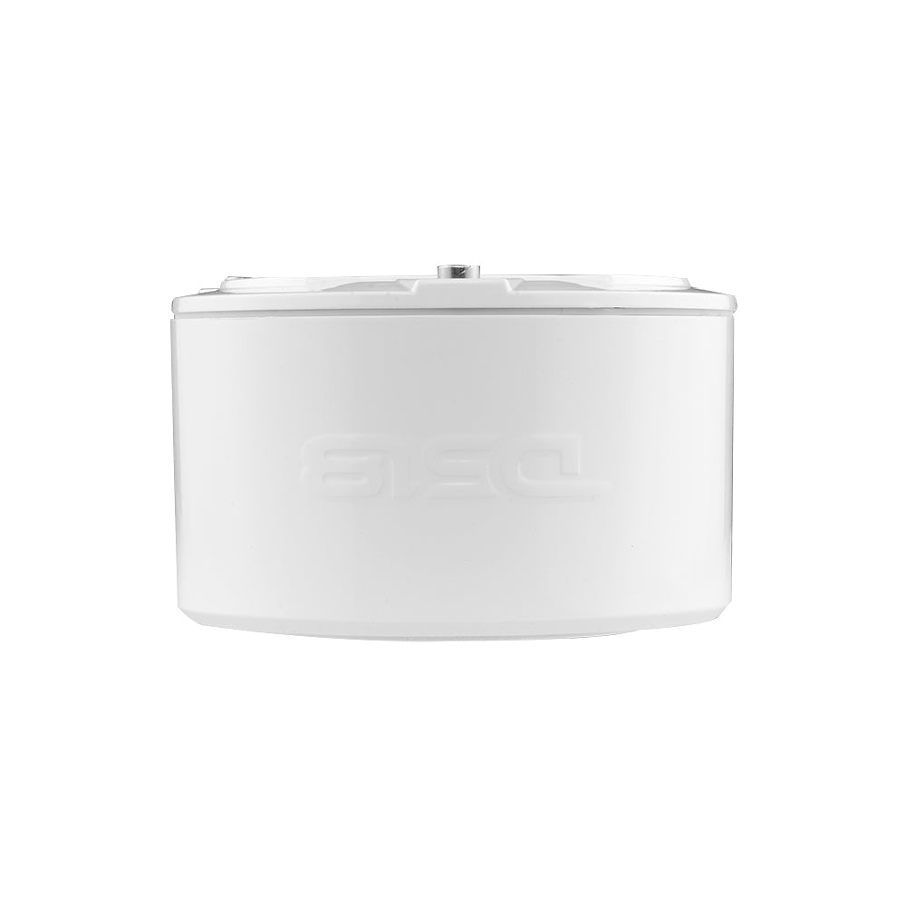 Side view of a white cylindrical DS18 marine tweeter housing