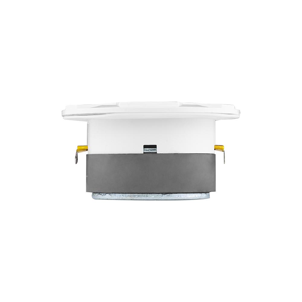 Side profile of a white tweeter showing its mounting flange, black magnet and two terminals