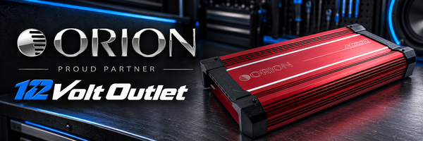 Red Orion HCCA amplifier with Orion and 12 Volt Outlet proud partner branding