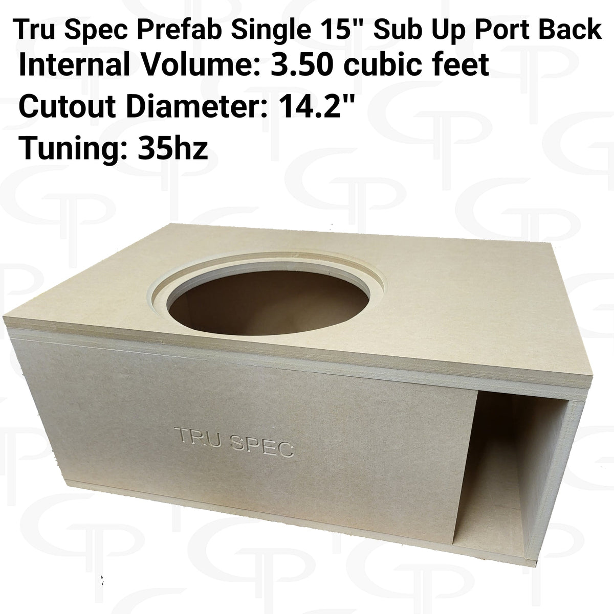 Angled TRU SPEC single-15-inch enclosure graphic showing the top cutout, rear port and printed specifications