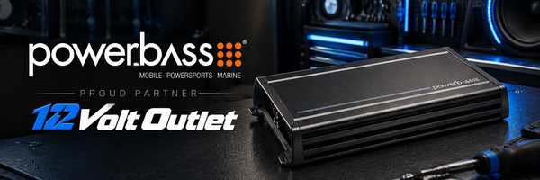 Black PowerBass amplifier with PowerBass and 12 Volt Outlet proud partner branding