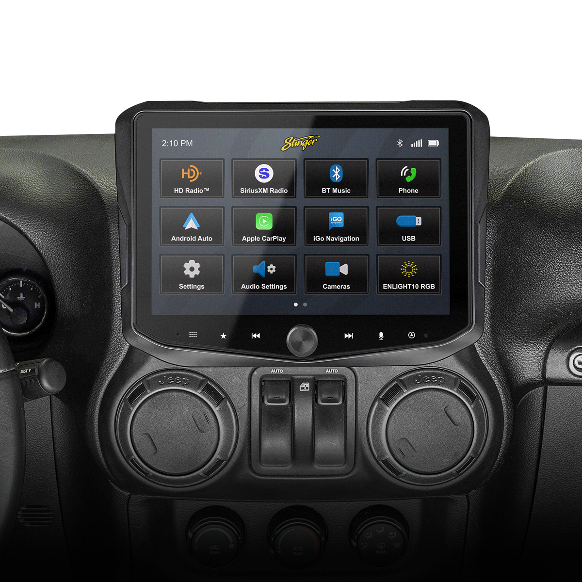 Stinger touchscreen installed above round dashboard vents, showing radio, media, navigation and settings icons