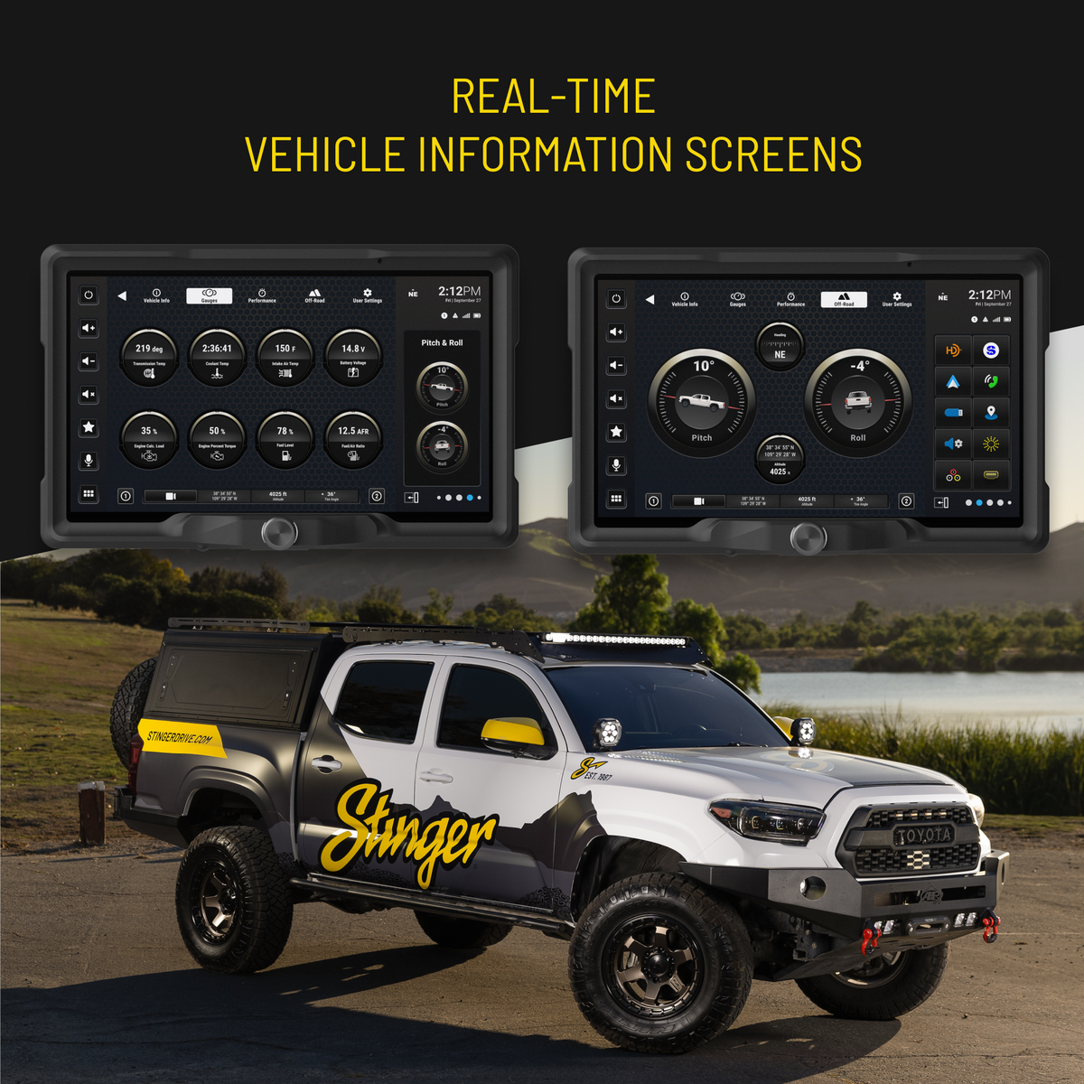 Stinger vehicle-information graphic showing engine gauges and pitch-and-roll screens above a branded Toyota pickup