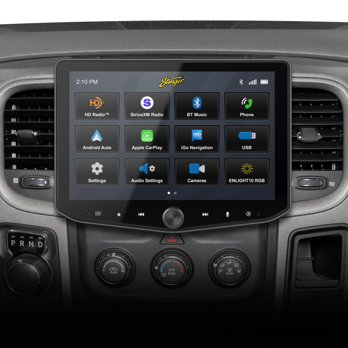 Dashboard-mounted Stinger touchscreen displaying radio, media, navigation, camera and settings icons