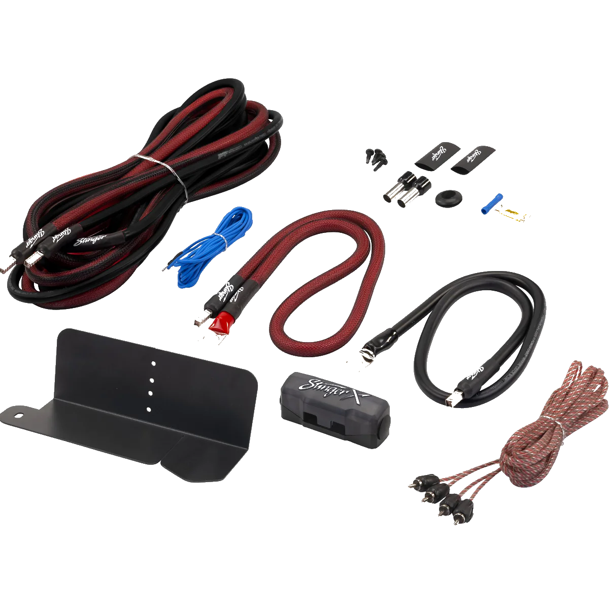Collection of car audio components including cables and connectors on a white background
