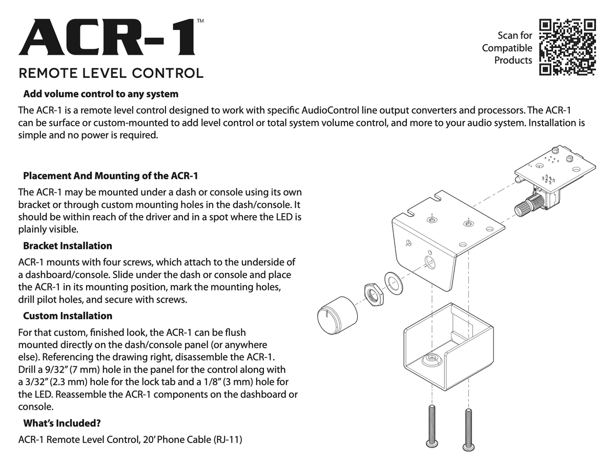Technical manual or user guide for ACR-1 remote level control with text and diagrams.