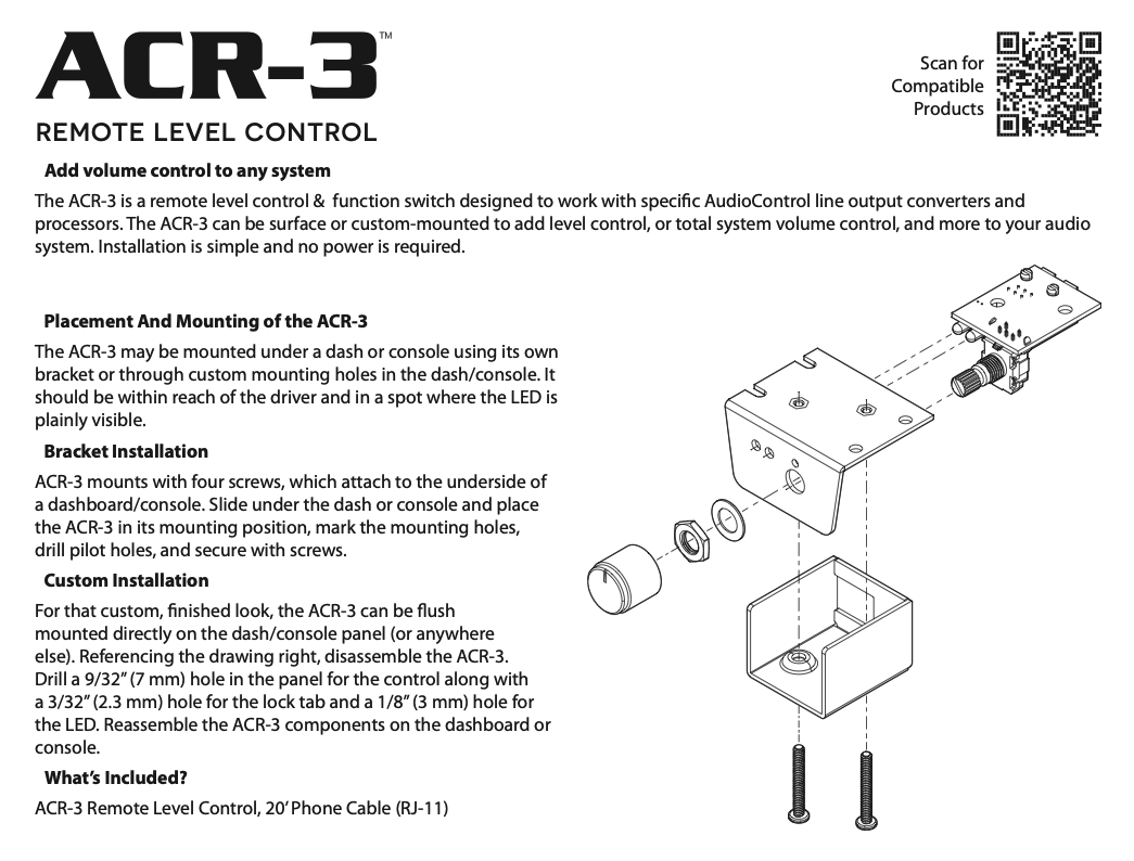 Technical specifications and installation instructions for ACR-3 remote level control on a white background.