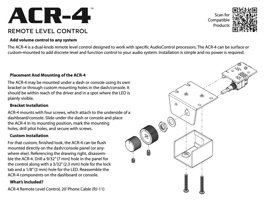 Technical diagram and instructions for ACR-4 remote level control installation on a vehicle dashboard.