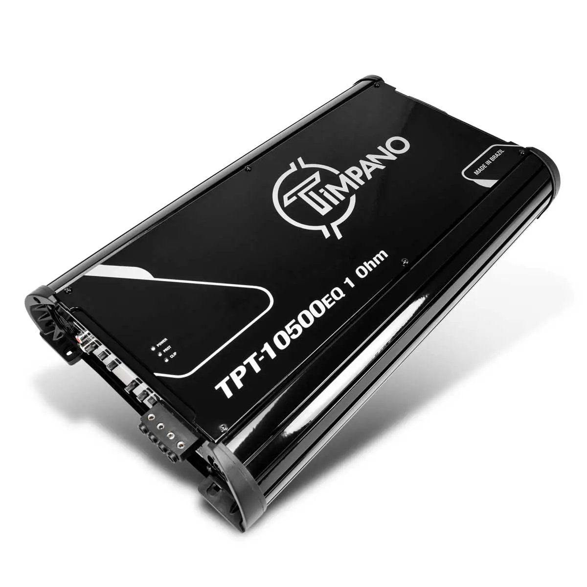 Angled Timpano amplifier labeled TPT-10500EQ 1 Ohm, showing its black top panel and connector end