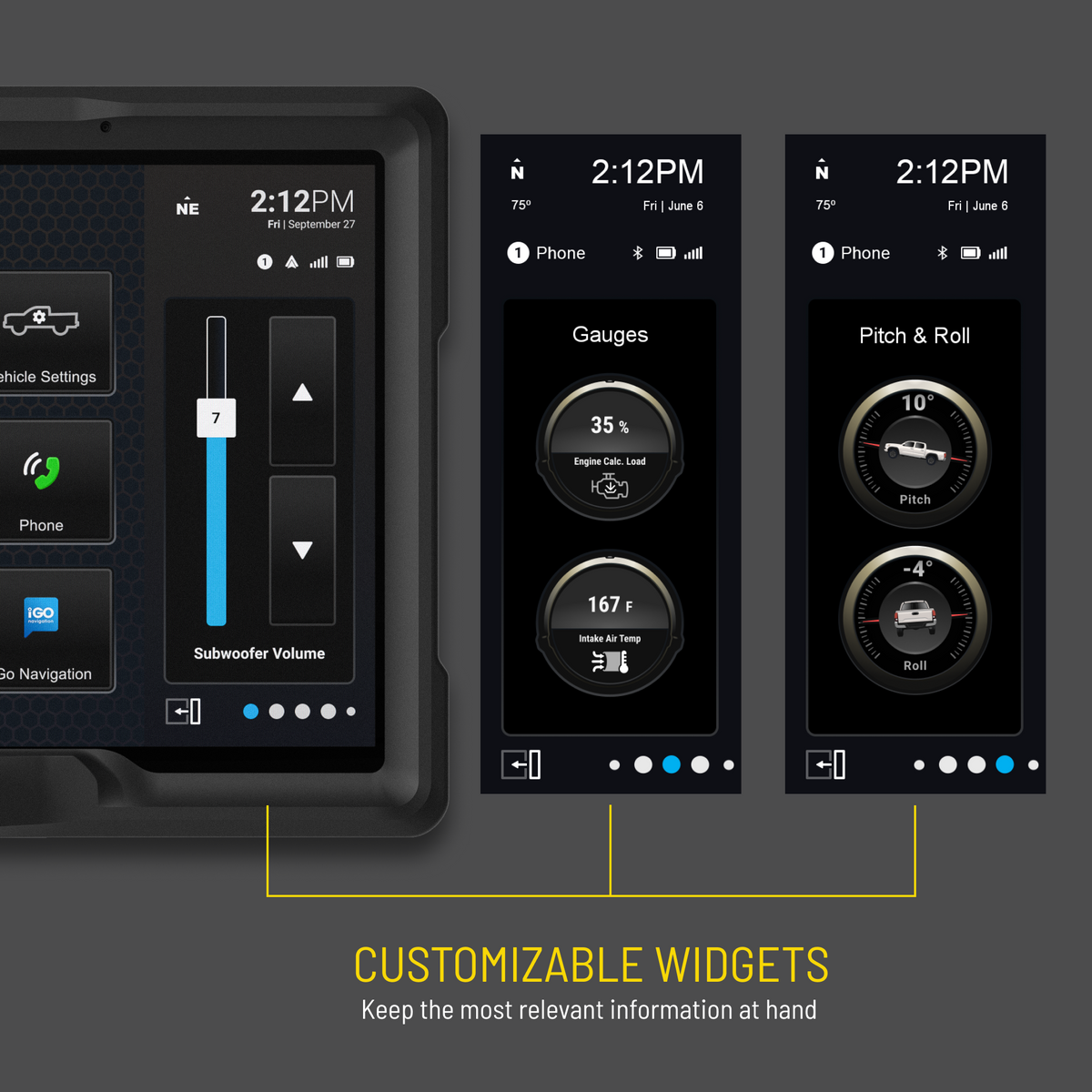 Stinger customizable-widget graphic showing subwoofer volume, engine-load and intake-temperature gauges, and pitch-and-roll indicators