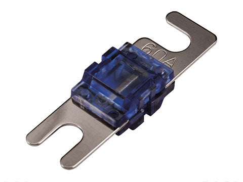 Blue 60-amp mini fuse with two forked metal terminals