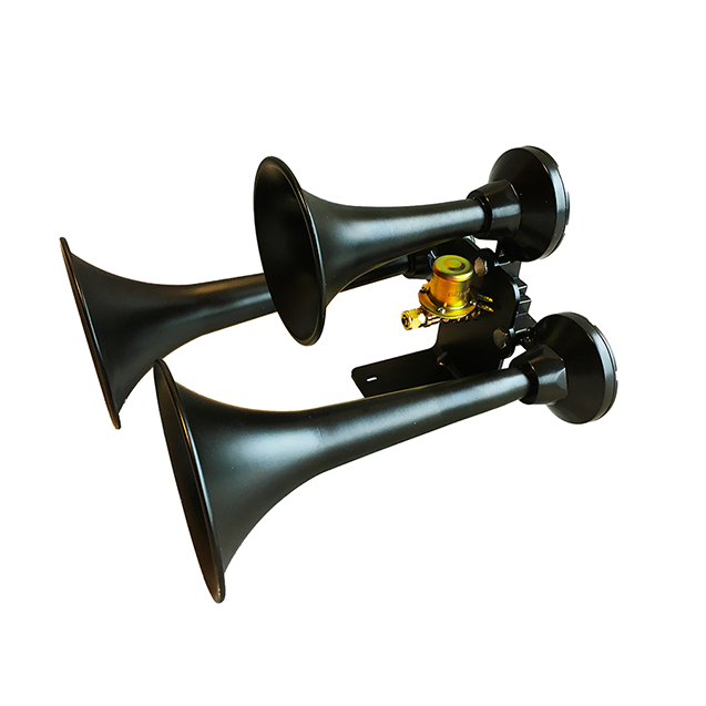 Three black trumpet horns on a shared mounting bracket with a brass-colored valve